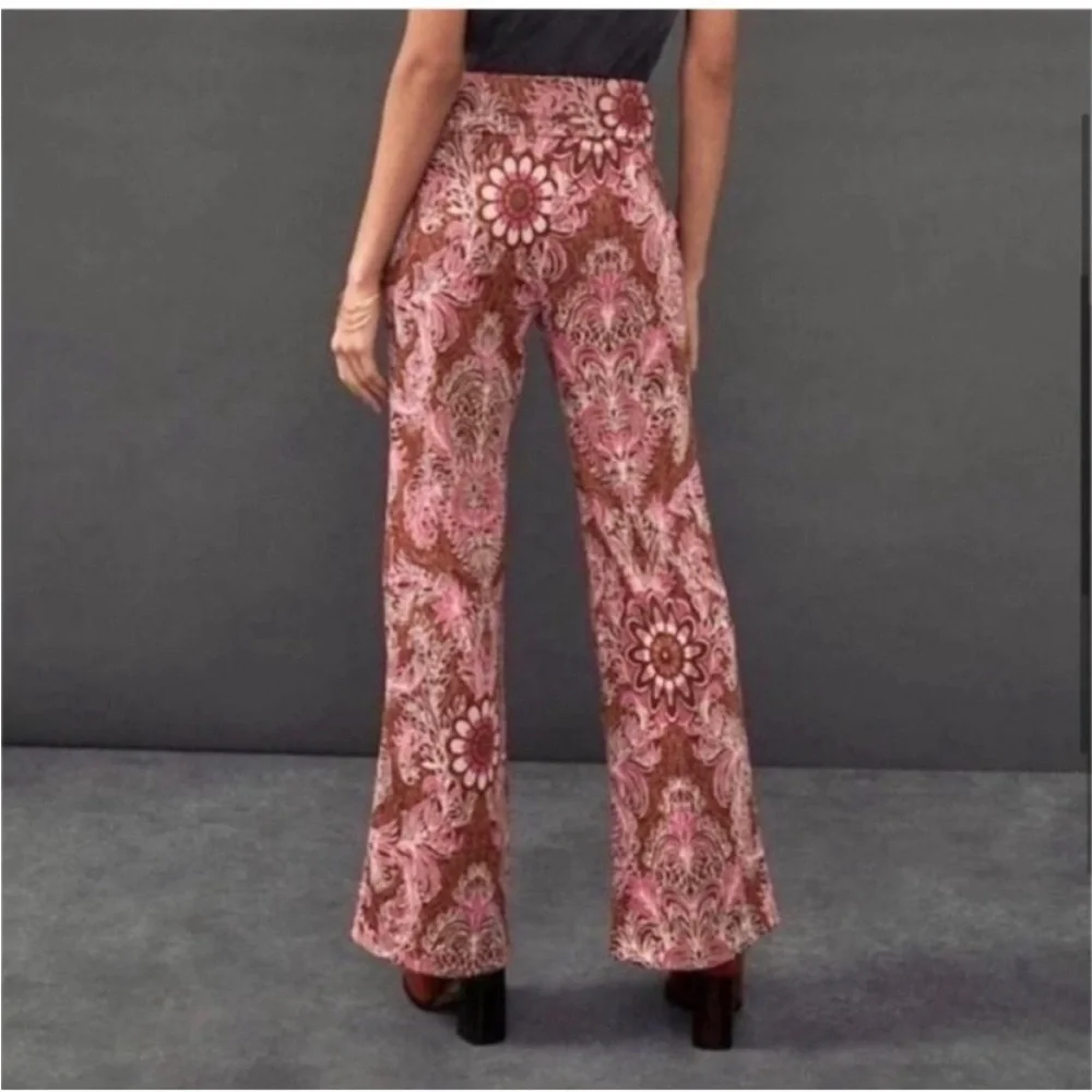 NWT Anthropologie size 10 Maria Pink and Brown Paisley Flare Pants - Picture 2 of 12